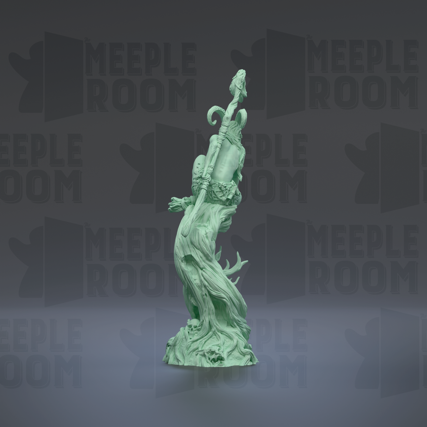 A green, abstract sculpture with a twisted, organic shape stands against a dark background with repeated "MEUPLE ROOM" text.