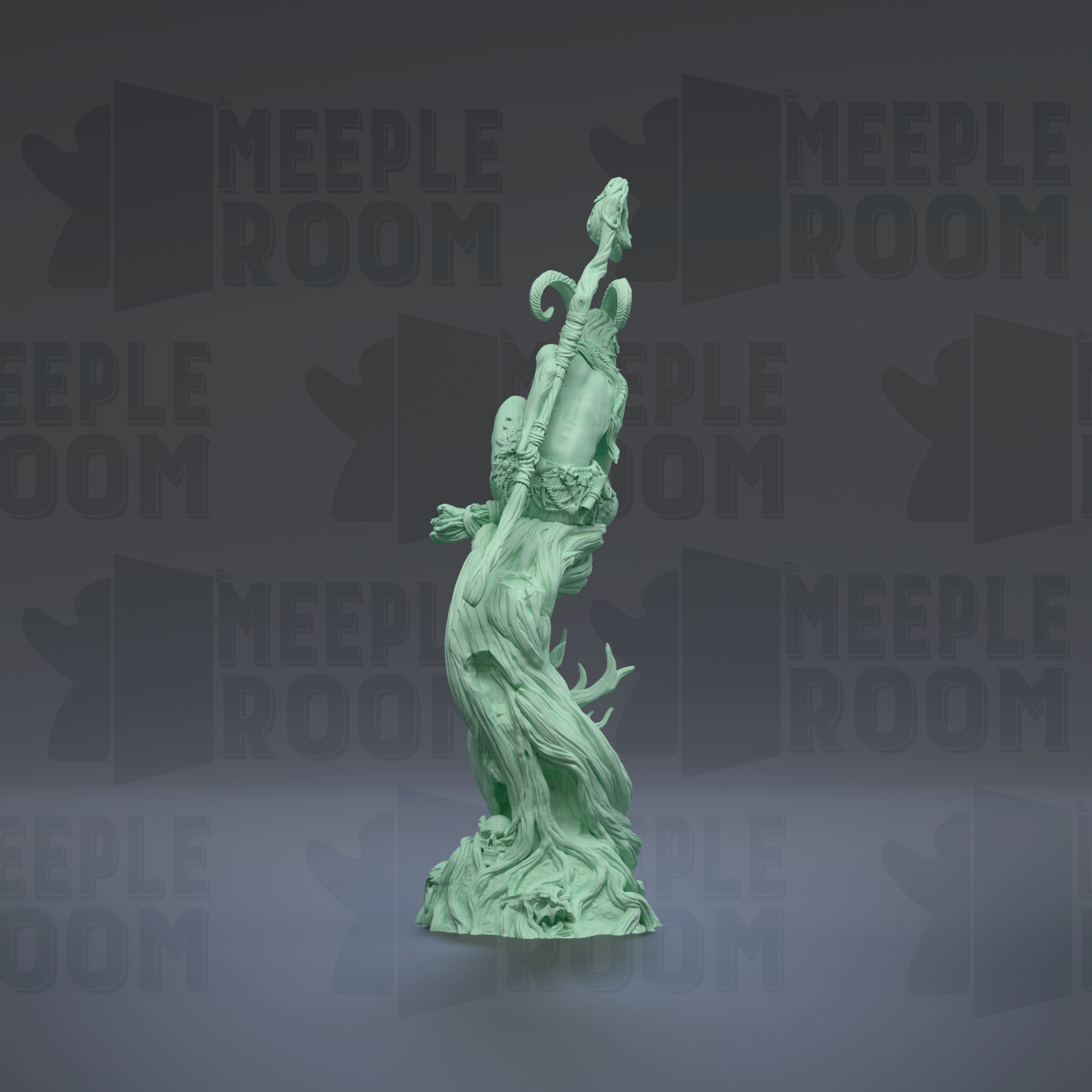 A green, abstract sculpture with a twisted, organic shape stands against a dark background with repeated "MEUPLE ROOM" text.
