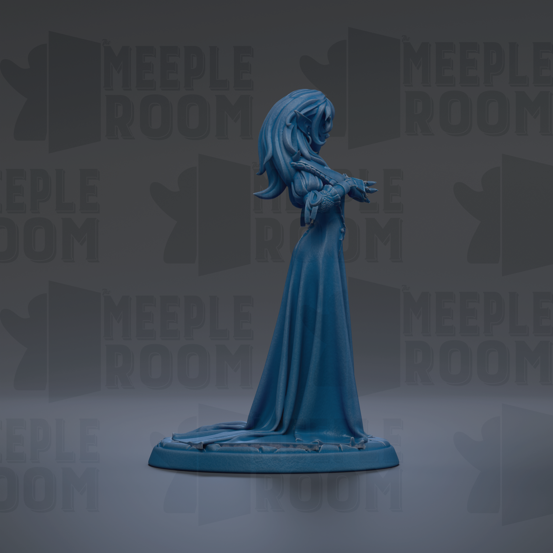 A blue figurine of a woman with long hair and a flowing dress stands on a base against a dark background with repeated text.