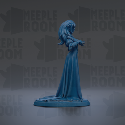 A blue figurine of a woman with long hair and a flowing dress stands on a base against a dark background with repeated text.