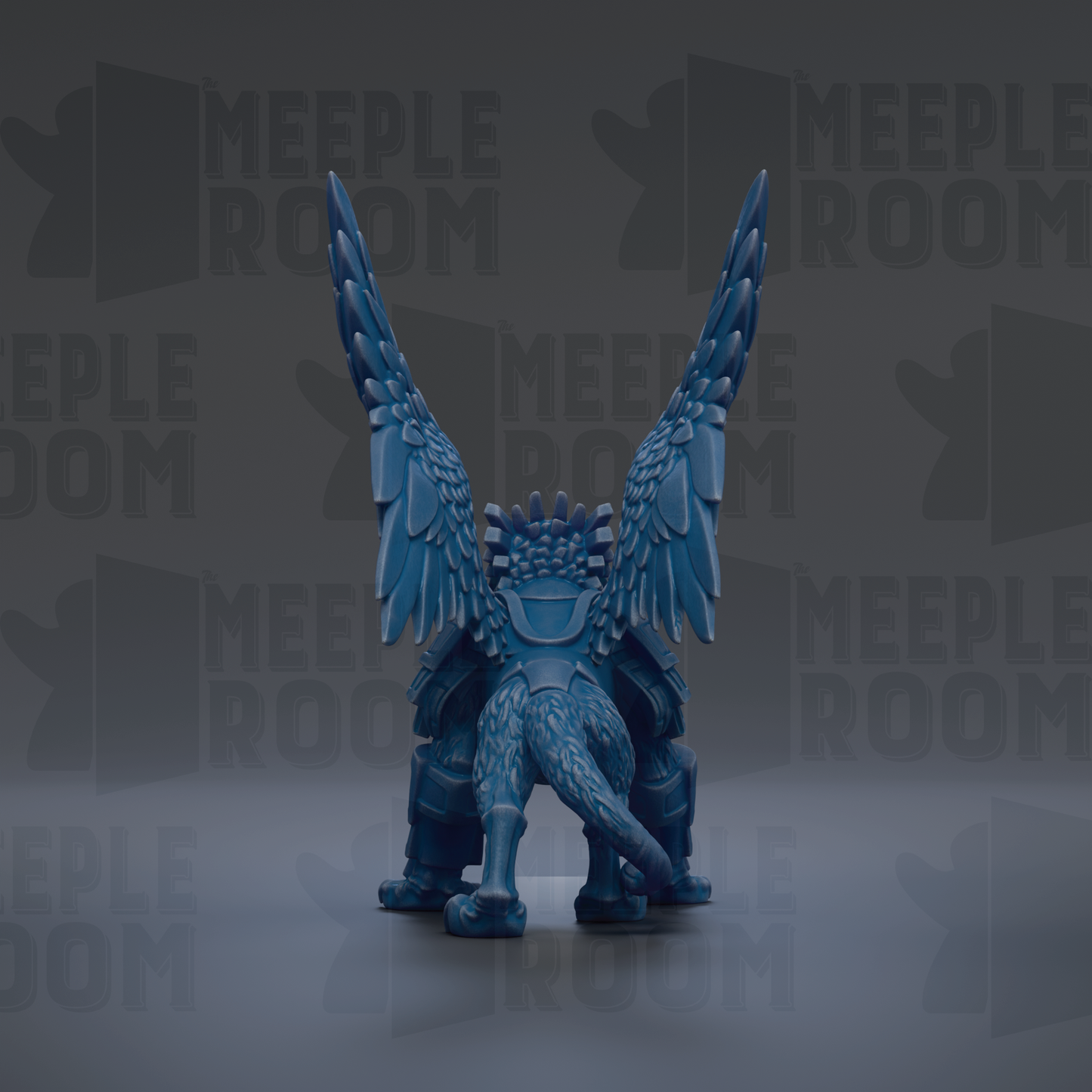 A blue winged creature with sharp teeth and claws is the central focus of the image, set against a dark background with repeated text.