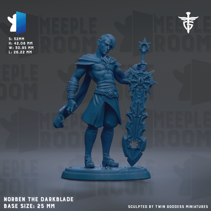 a figurine of a dark blue knight holding a large sword and shield, standing on a base. The figurine is described as "NORBEN THE DARKBLADE" and "BASE SIZE: 25mm".