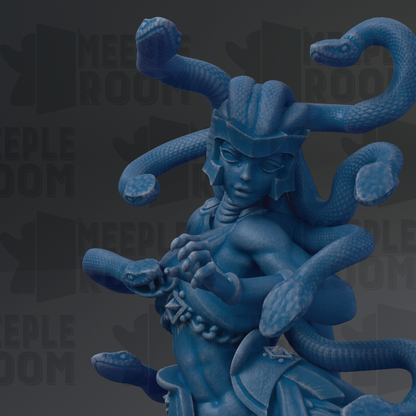 A blue statue of a figure with multiple snakes wrapped around it, set against a dark background with the text "MEIPLROOM" repeated multiple times.