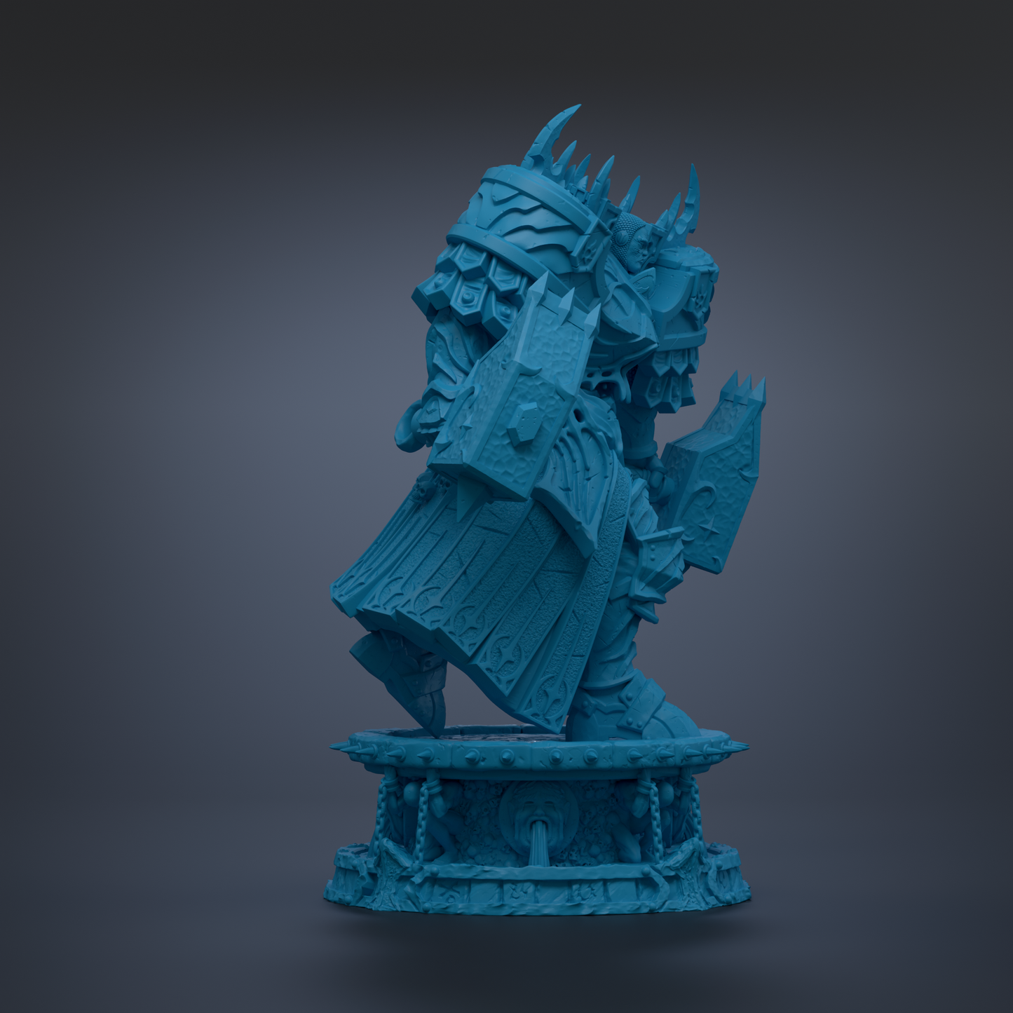 A blue, 3D-rendered statue of a fantastical creature with intricate armor and a fierce expression, standing on a pedestal against a dark background.
