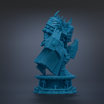 A blue, 3D-rendered statue of a fantastical creature with intricate armor and a fierce expression, standing on a pedestal against a dark background.