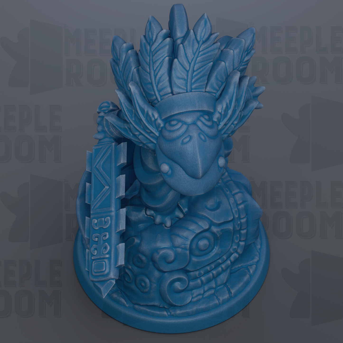 A blue figurine of a bird-like creature with a headdress and a sword, set against a dark background with repeated text.