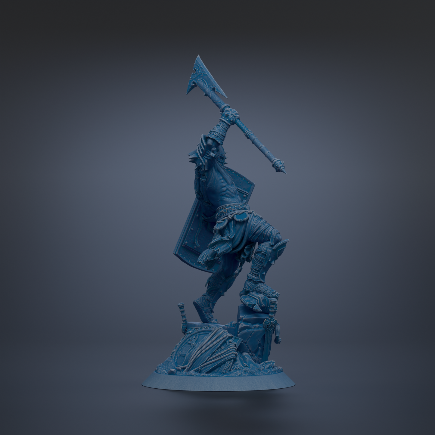 A blue, 3D-rendered statue of a warrior figure holding a large weapon and standing on a base.