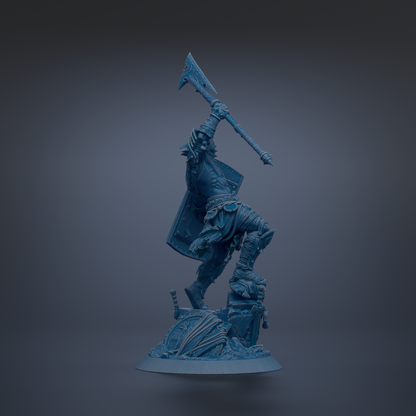 A blue, 3D-rendered statue of a warrior figure holding a large weapon and standing on a base.
