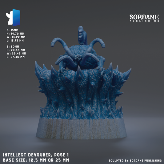 The image is a 3D rendering of a blue, fantastical creature with multiple arms and legs, sitting atop a large, spiky structure. The creature appears to be an intelligent devourer, possibly a type of parasite or parasite-like creature. The image is described as a pose of the creature, with a base size of 1.2 mm or 25 mm. The image is published by Sordane Publishing.