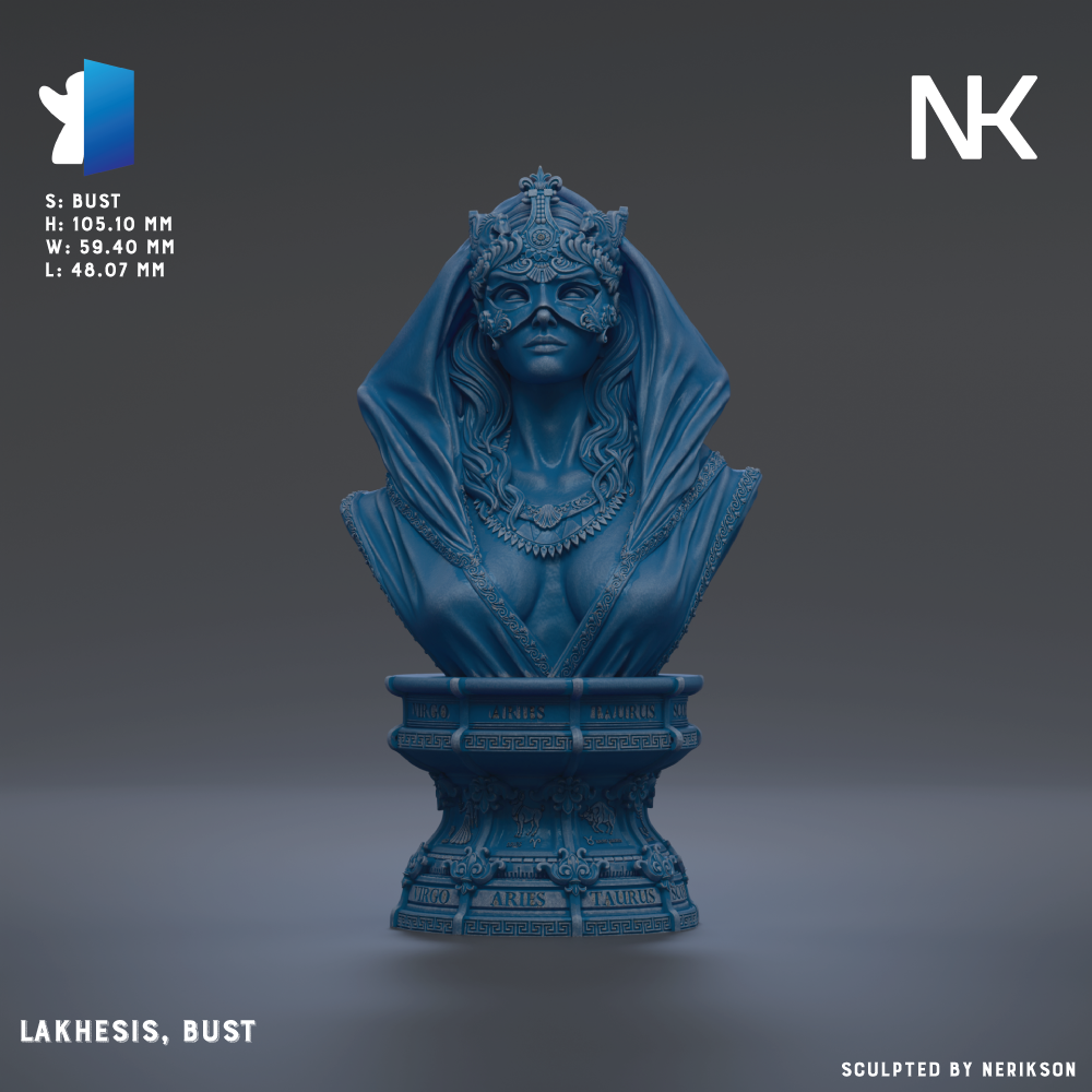 A 3D model of a blue bust sculpture of a woman with a headdress, displayed against a dark background.