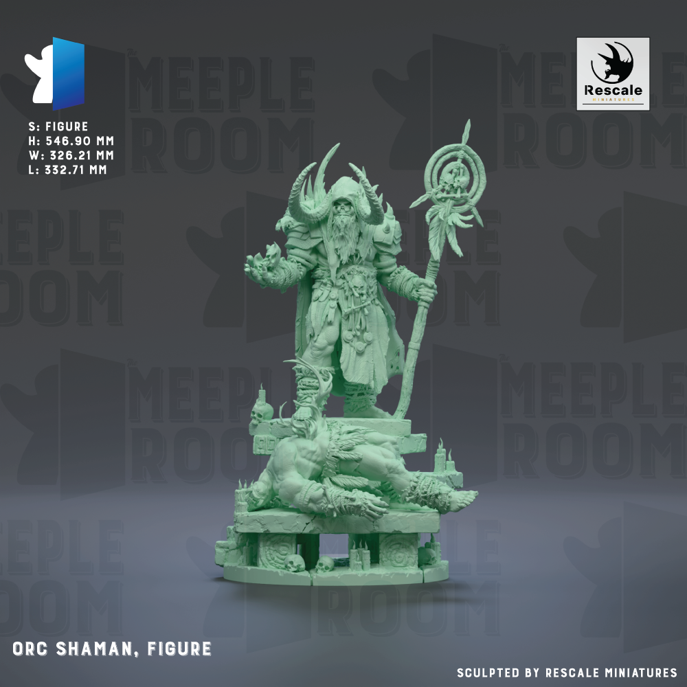 The image is a detailed sculpture of a figure, likely a deity or a magical being, with horns and a staff, standing on a pedestal. The background is a dark gray color, and the text "MEEPLE ROOM" is visible, which suggests that this is a part of a larger collection or series. The sculpture is described as "ORC SHAMAN, FIGURE" and "Sculpted by RESCALE MINIATURES", indicating that it is a product of a company called RESCALE MINIATURES.