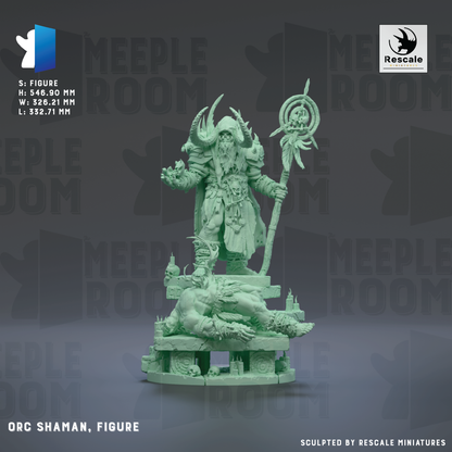 The image is a detailed sculpture of a figure, likely a deity or a magical being, with horns and a staff, standing on a pedestal. The background is a dark gray color, and the text "MEEPLE ROOM" is visible, which suggests that this is a part of a larger collection or series. The sculpture is described as "ORC SHAMAN, FIGURE" and "Sculpted by RESCALE MINIATURES", indicating that it is a product of a company called RESCALE MINIATURES.