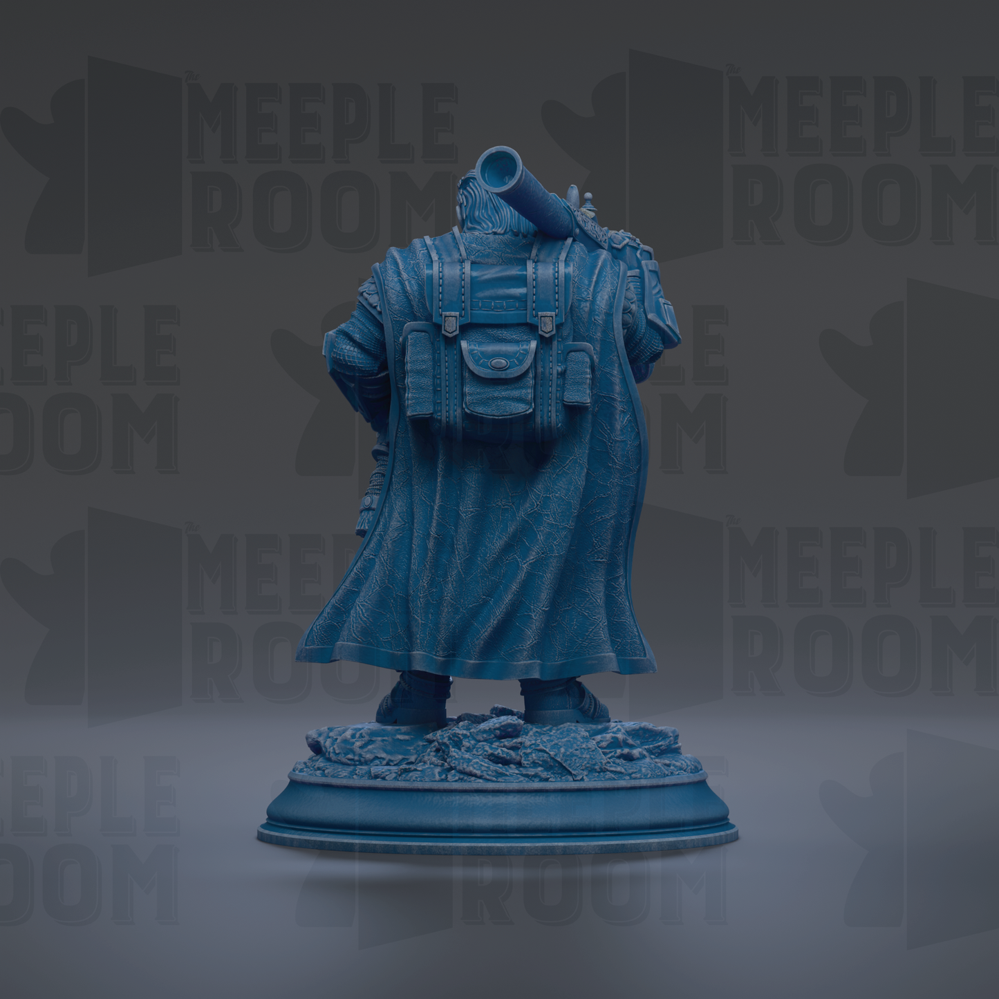 A blue statue of a person with a backpack stands on a base against a dark background with repeated text.
