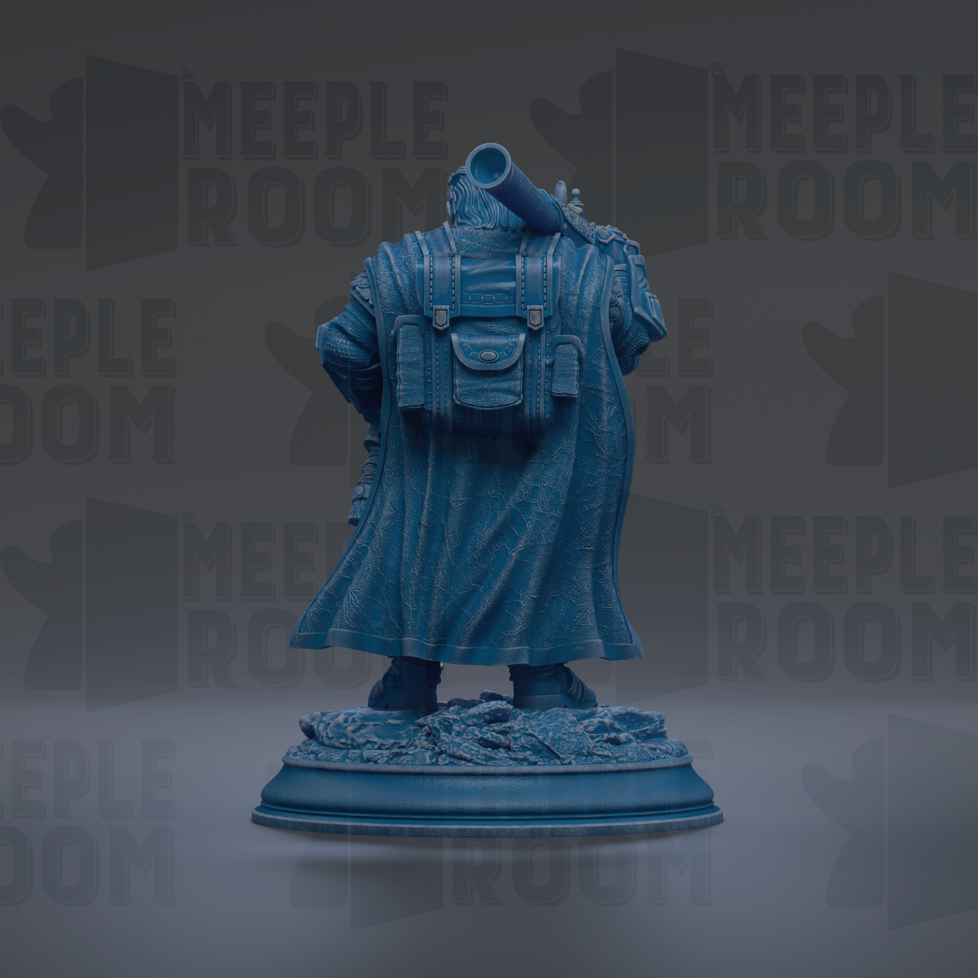 A blue statue of a person with a backpack stands on a base against a dark background with repeated text.