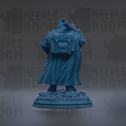 A blue statue of a person with a backpack stands on a base against a dark background with repeated text.