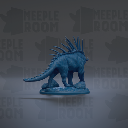 A blue dinosaur figurine with spikes on its back is standing on a base against a dark background with repeated text.