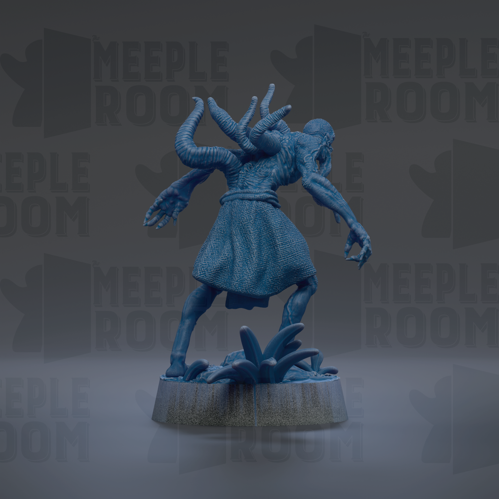 A blue, 3D-rendered statue of a fantastical creature with multiple arms and legs, standing on a base and appearing to be in motion.