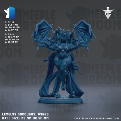The image is a detailed model of a blue fantasy creature, possibly a mythical or magical being, with wings and a flowing robe. The creature is standing on a base and appears to be crafted from a material that resembles metal or plastic. The image is described as a "level99 succubus, wings" and is "base size: 25mm or 50mm".