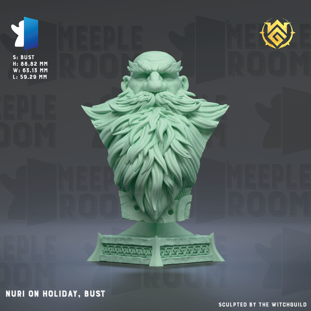 a bust of a bearded man with a large beard, displayed against a dark background with the text "MEIPLE ROOM" repeated multiple times.