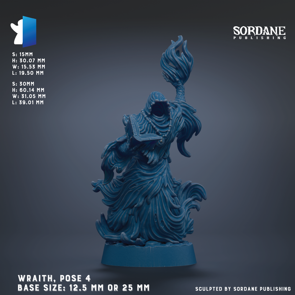 a blue, stylized statue of a figure with flowing, wave-like hair and a flame-like object in its hand. The statue is posed in a dynamic, standing position. The base size of the statue is 12.5 mm or 25 mm, depending on the perspective. The image is a sculpture, and it is published by Sordane Publishing.