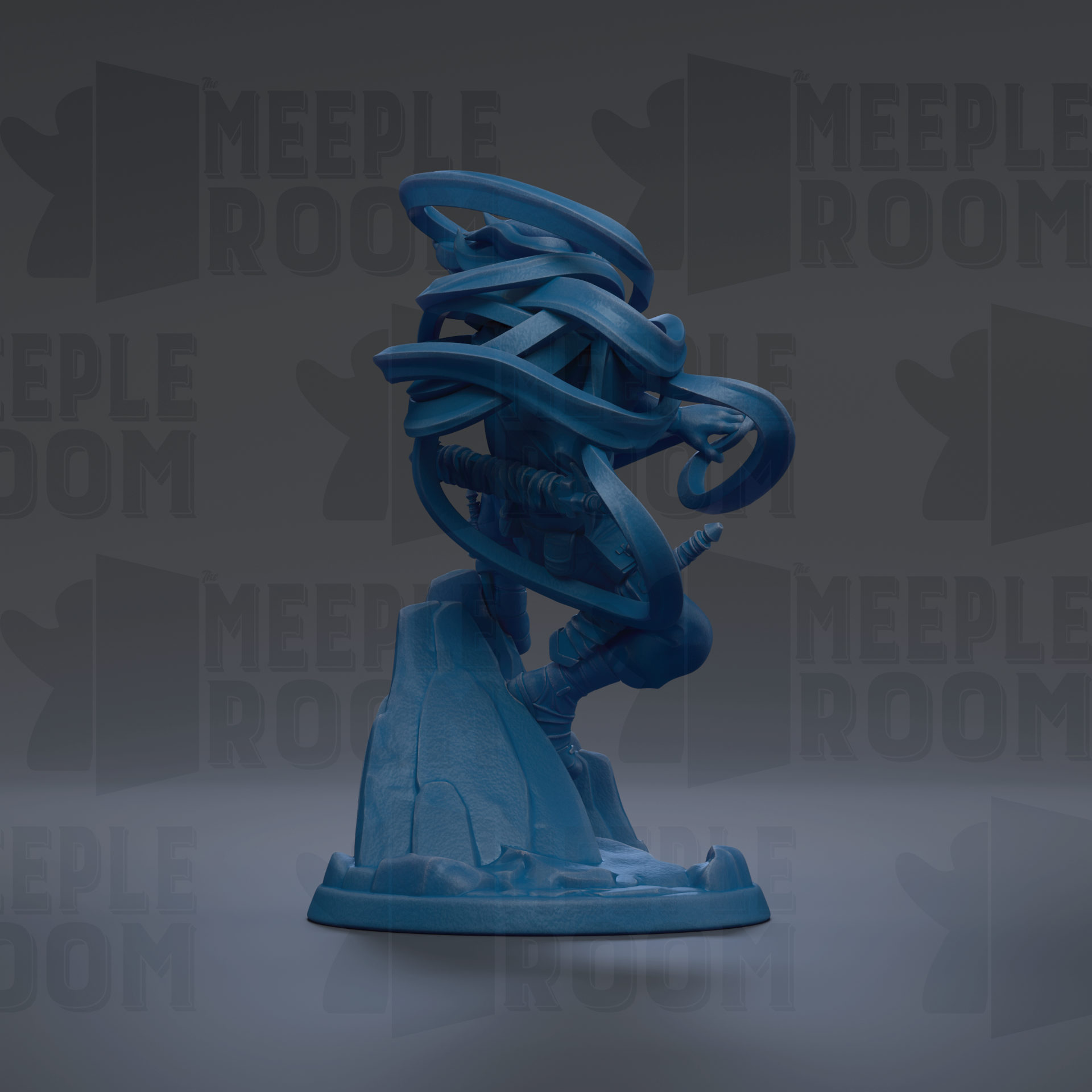 A blue, abstract sculpture with a twisted, coiled shape stands prominently against a dark background.