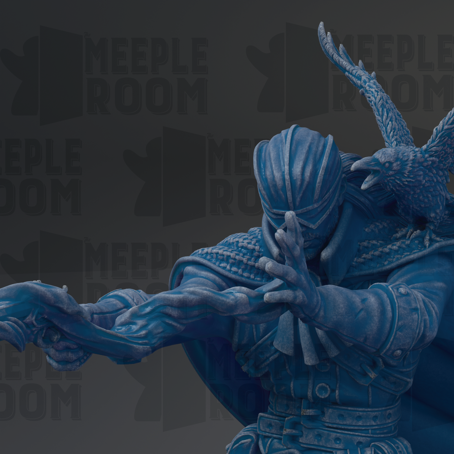 A close-up of a blue statue of a figure with a bird perched on its shoulder, set against a dark background with repeated text.