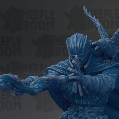 A close-up of a blue statue of a figure with a bird perched on its shoulder, set against a dark background with repeated text.