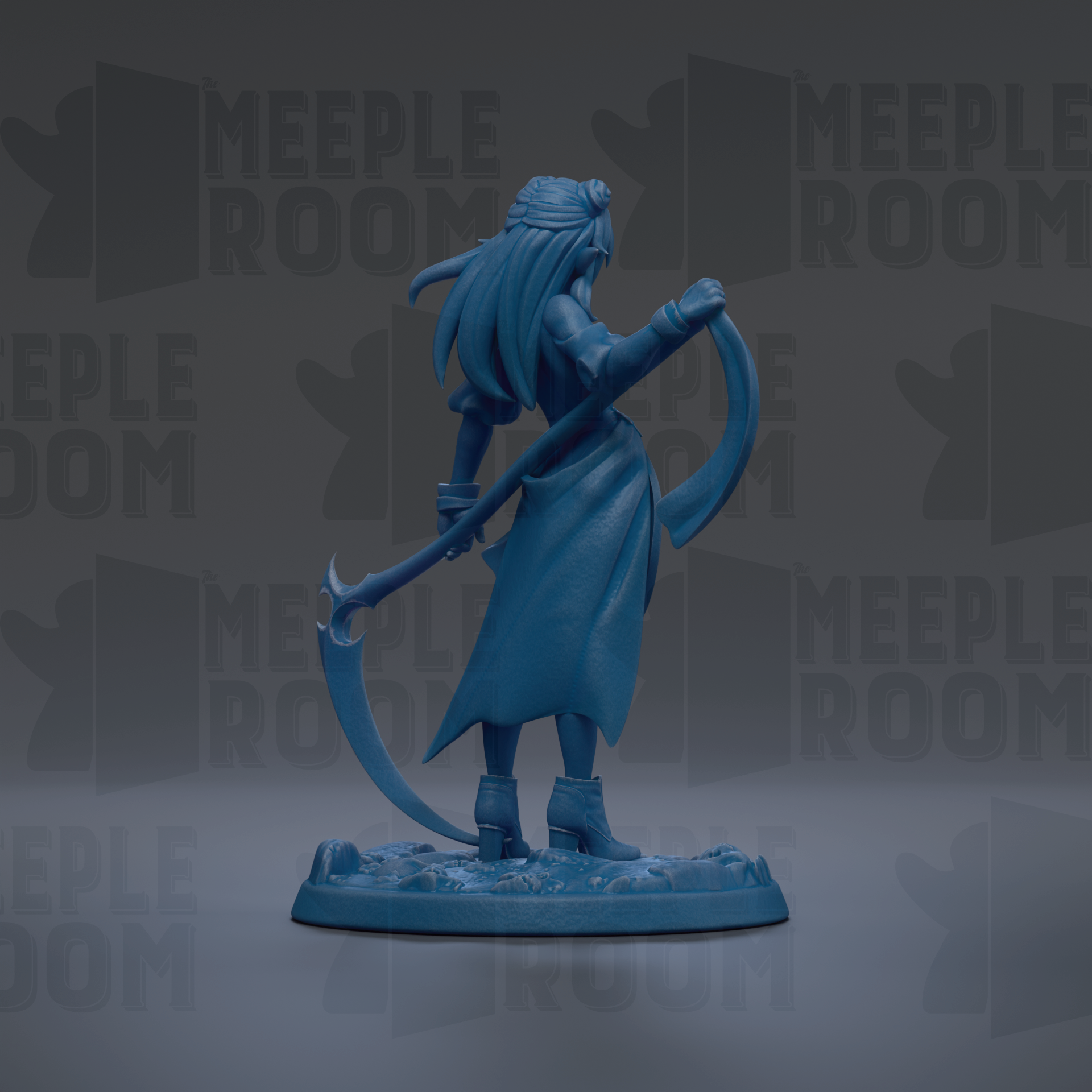 A blue figurine of a female character with long hair and a flowing dress, holding a weapon, is displayed against a dark background with repeated text.