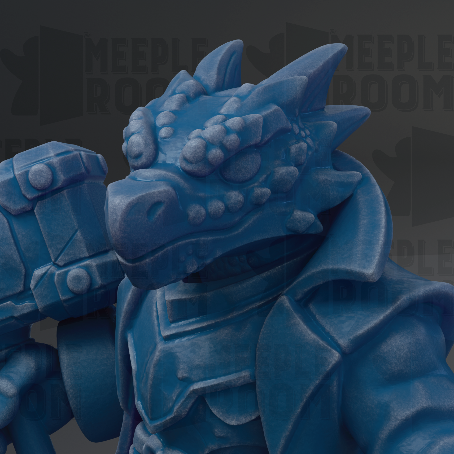 A close-up view of a blue, 3D-rendered dragon statue.