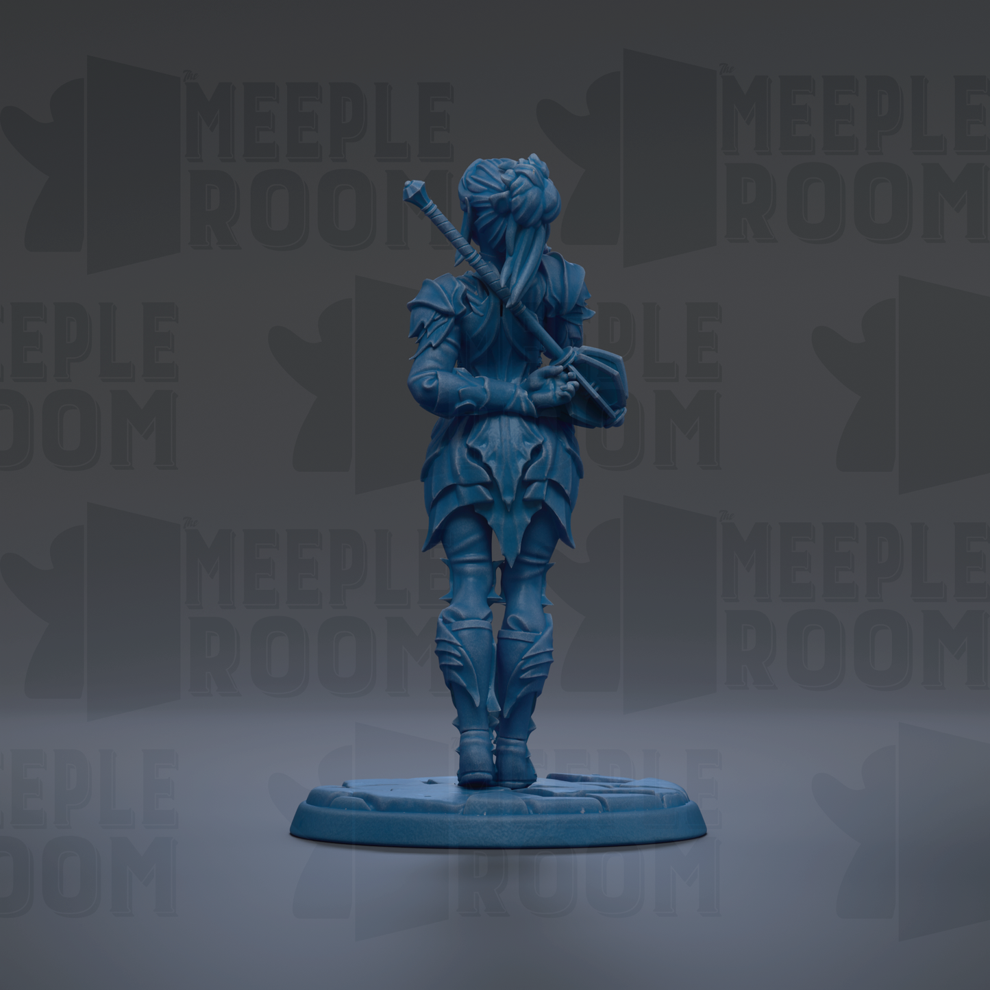 A blue figurine of a warrior standing on a base, with the text "MEUPLE ROOM" repeated in the background.