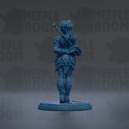 A blue figurine of a warrior standing on a base, with the text "MEUPLE ROOM" repeated in the background.