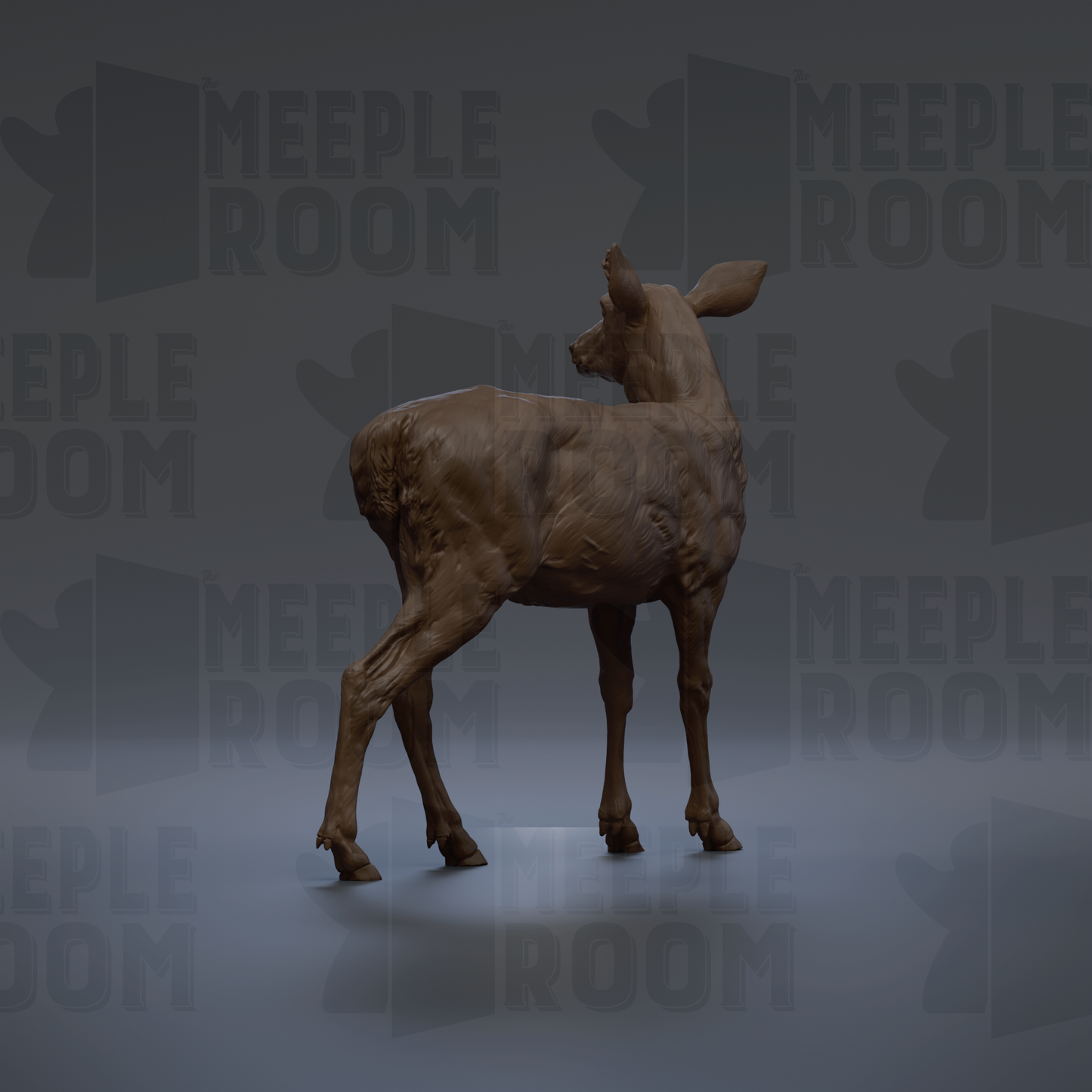 A 3D rendering of a deer statue against a dark background with repeated text.