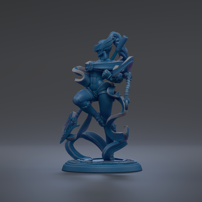 A blue, abstract statue of a figure with a sword and other weapons, standing on a base.