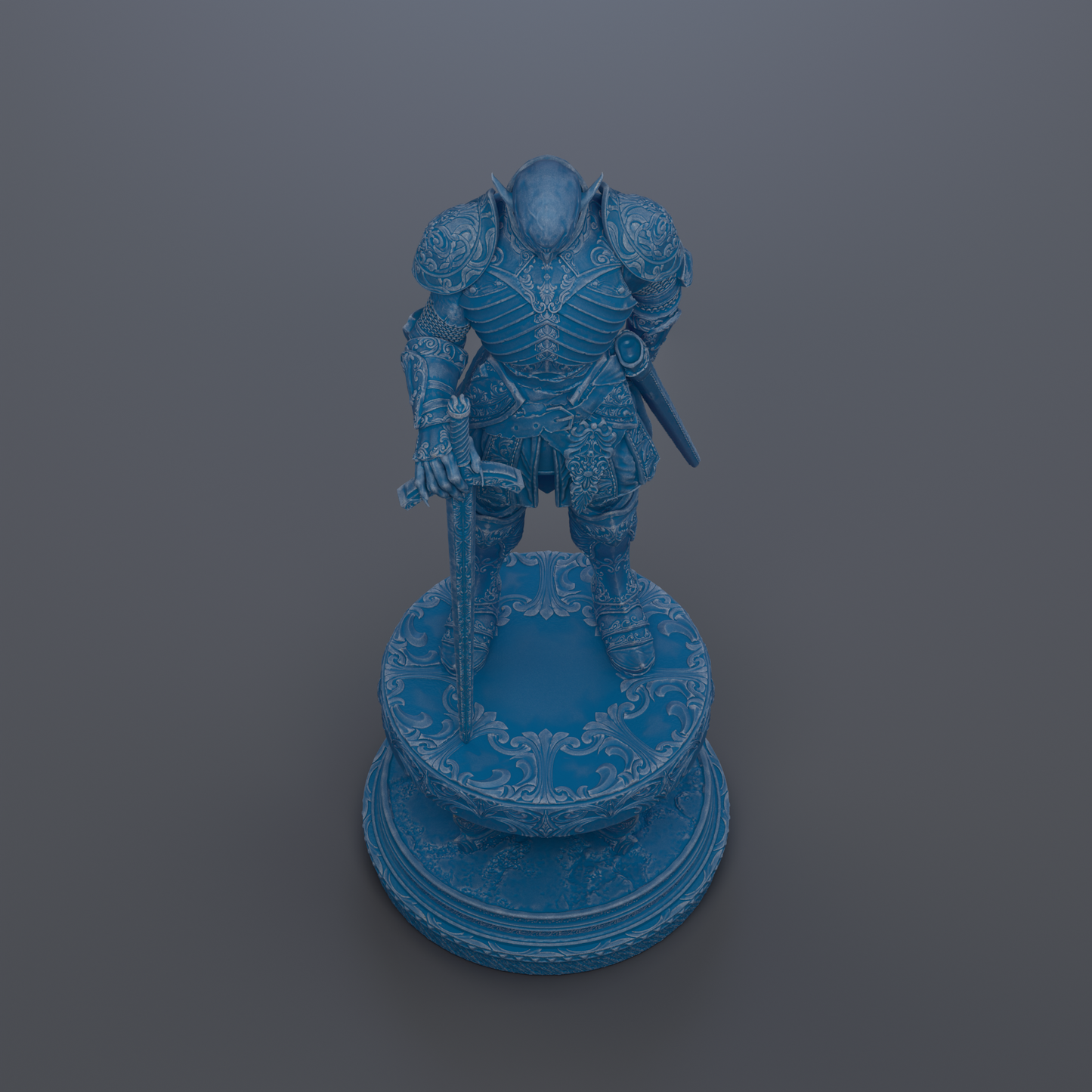 A blue armored knight figure stands on a decorative base, holding a sword in its right hand.