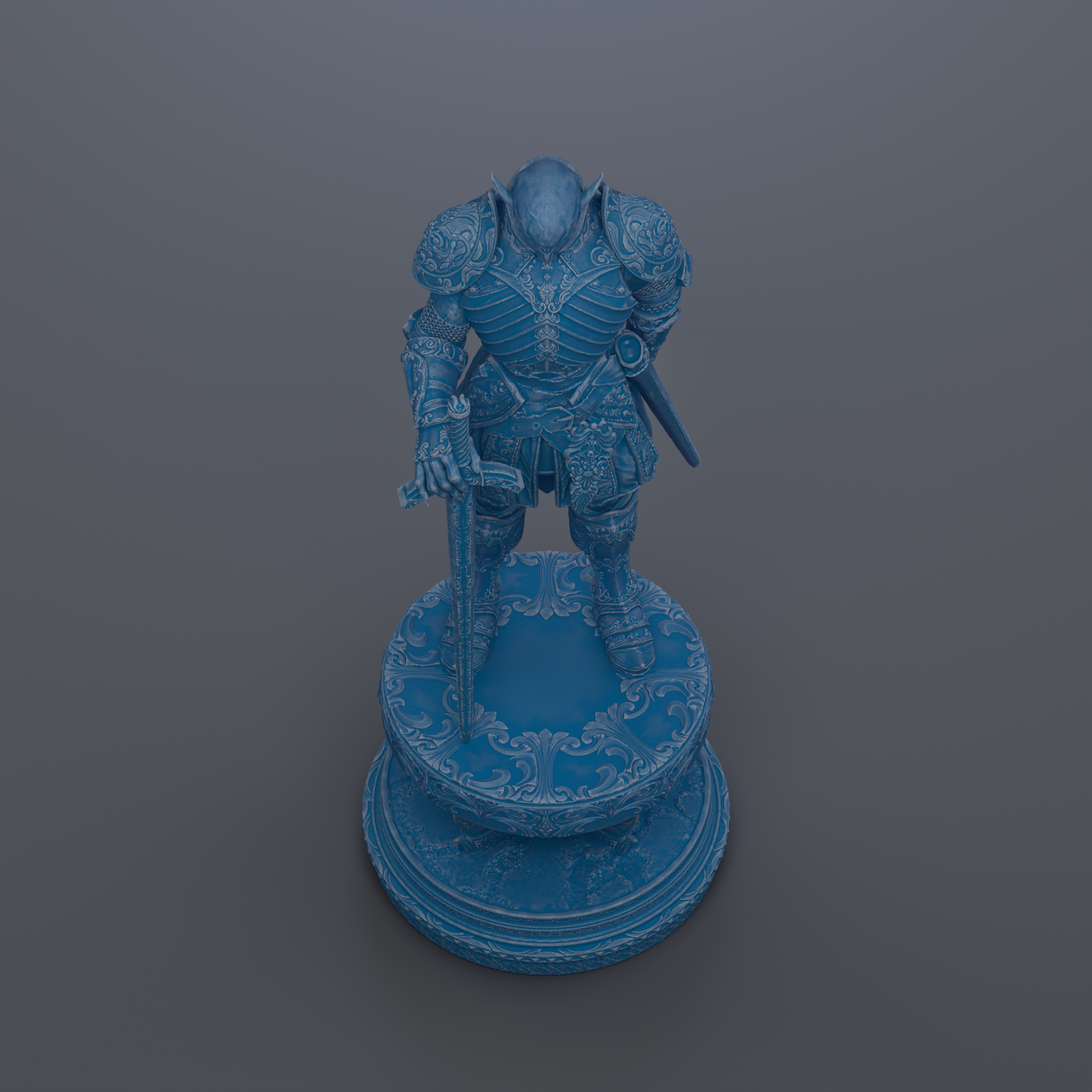 A blue armored knight figure stands on a decorative base, holding a sword in its right hand.