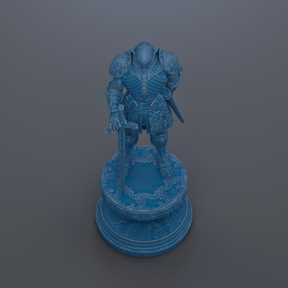 A blue armored knight figure stands on a decorative base, holding a sword in its right hand.