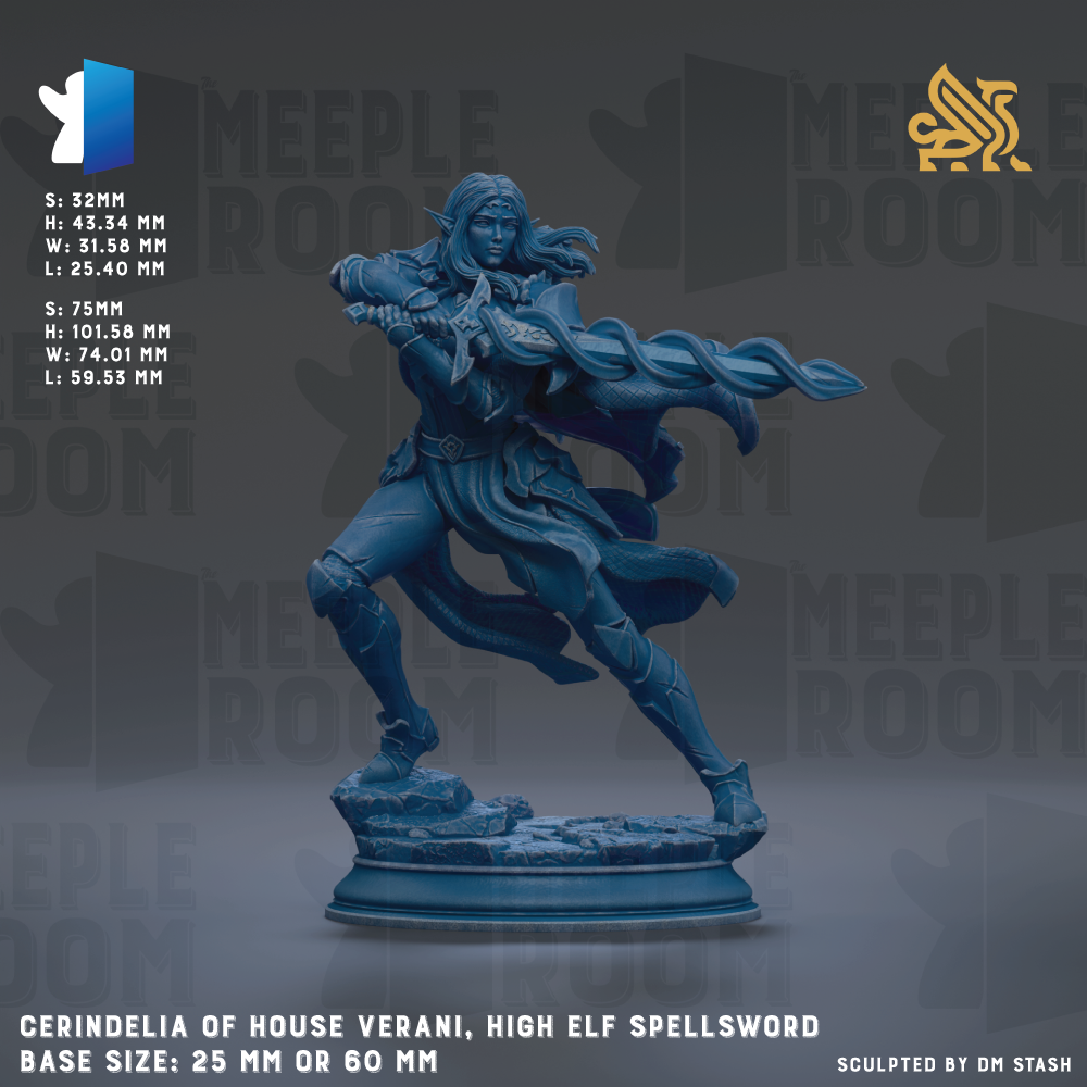 a statue of a high elf wielding a spellspeller, with a blue and black color scheme. The statue is described as a "cerindella of House Verani, High elf spellspelling" and is shown in a dynamic pose. The base size of the statue is either 25mm or 60mm. The image is a collage of multiple images, and the phrase "Sculpted by DM Stash" is mentioned at the bottom.