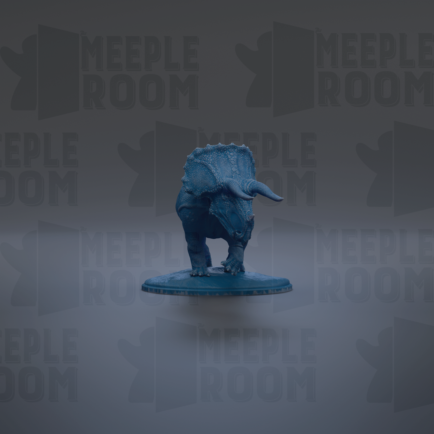 A blue dinosaur figurine is standing on a blue platform against a gray background with repeated "MEIPLLE ROOM" text.