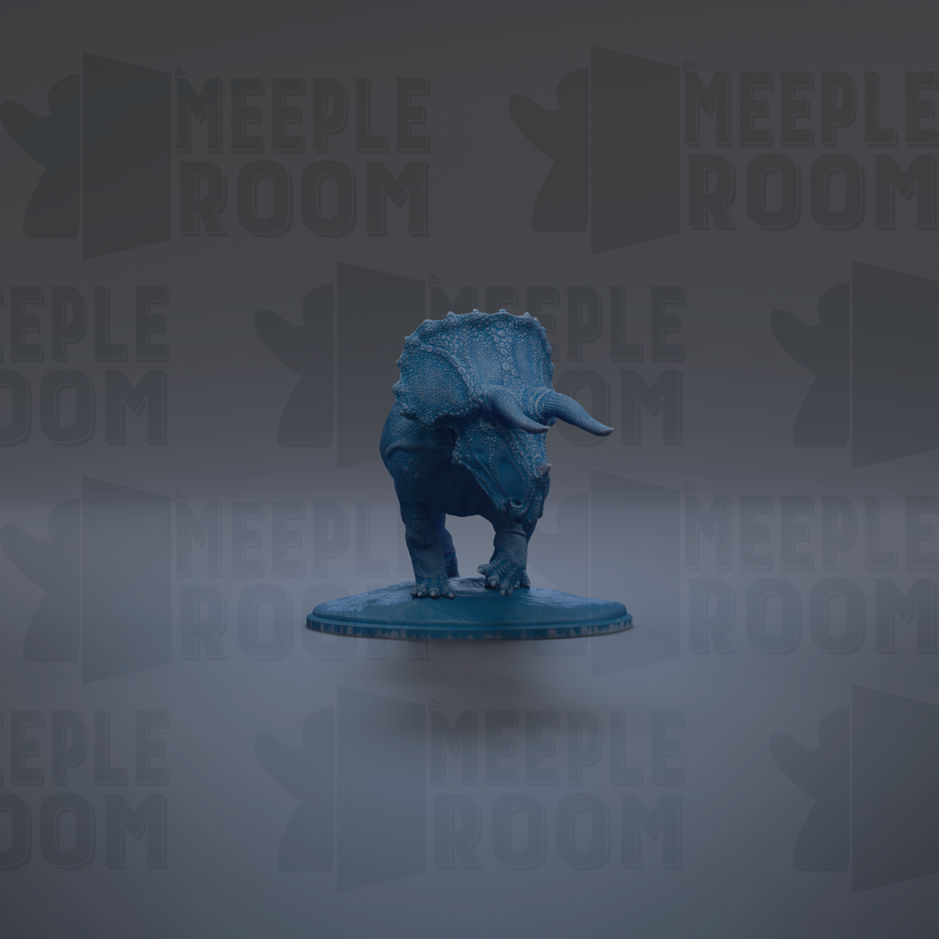 A blue dinosaur figurine is standing on a blue platform against a gray background with repeated "MEIPLLE ROOM" text.