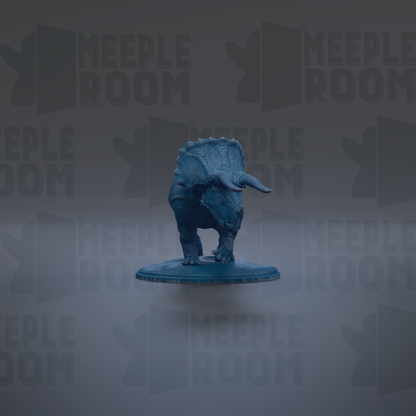 A blue dinosaur figurine is standing on a blue platform against a gray background with repeated "MEIPLLE ROOM" text.