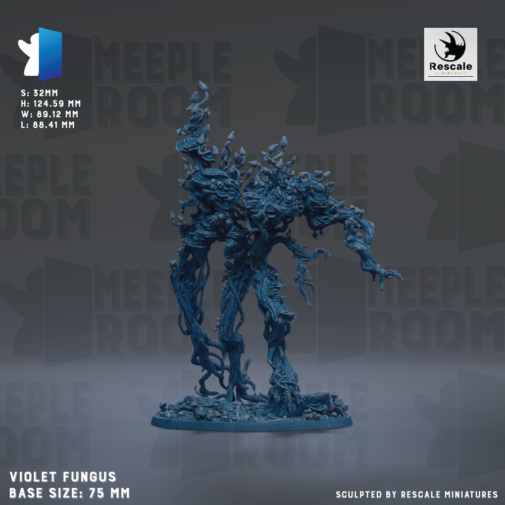 The image is a 3D rendering of a blue, mushroom-like creature with a long, twisted body and a large head. The creature appears to be a type of violet fungal or mushroom-like figure. The image is described as a base size of 75 mm and is sculpted by Rescale miniatures.