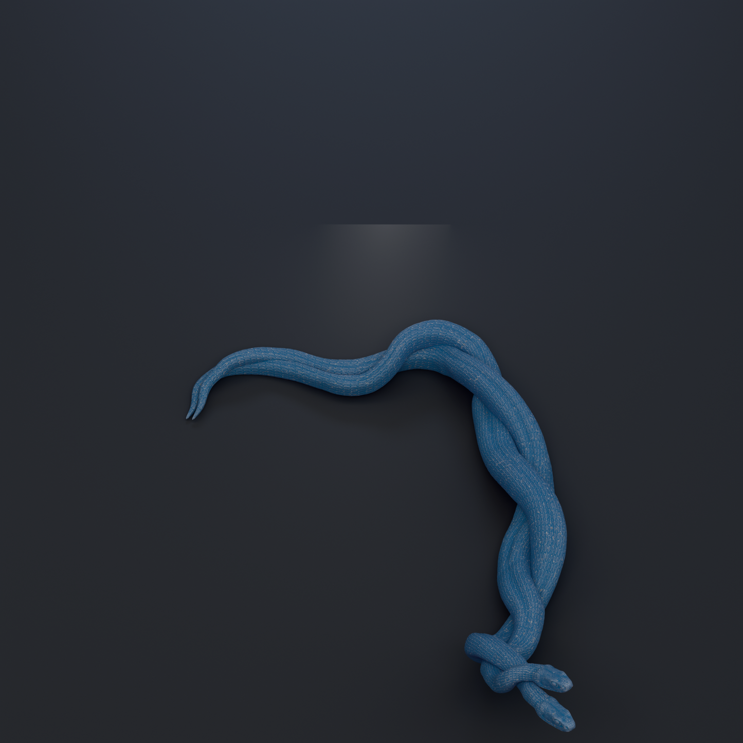 A blue snake coiled in a twisted manner against a dark background.