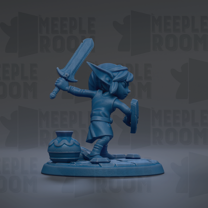 A blue figurine of a character holding a sword and shield, standing on a base with a vase, against a dark background with repeated text.