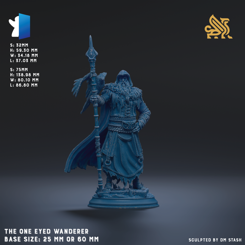 a blue statue of a man with a long beard and a blue cloak, holding a spear and standing on a pedestal. The statue is of a size of 25mm or 60mm.