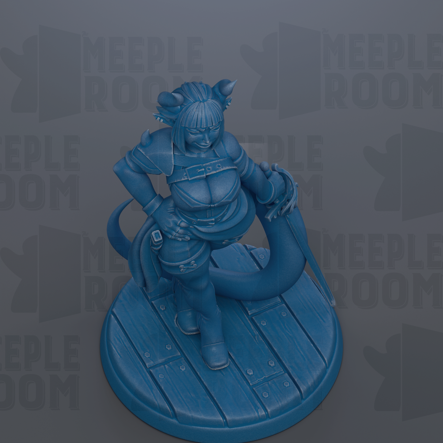 A blue figurine of a character with horns and a sword, standing on a wooden base.