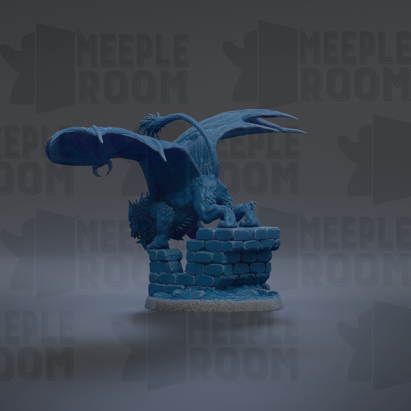 A blue dragon figurine is depicted in a dynamic pose, with its wings spread wide and its mouth open, against a dark background with repeated text.