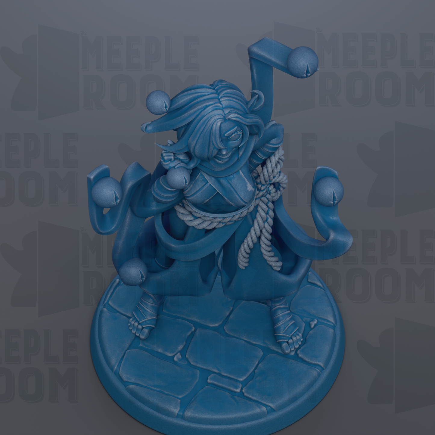 A blue figurine of a character with a large head and long hair, wearing a robe and holding a staff, standing on a stone base.