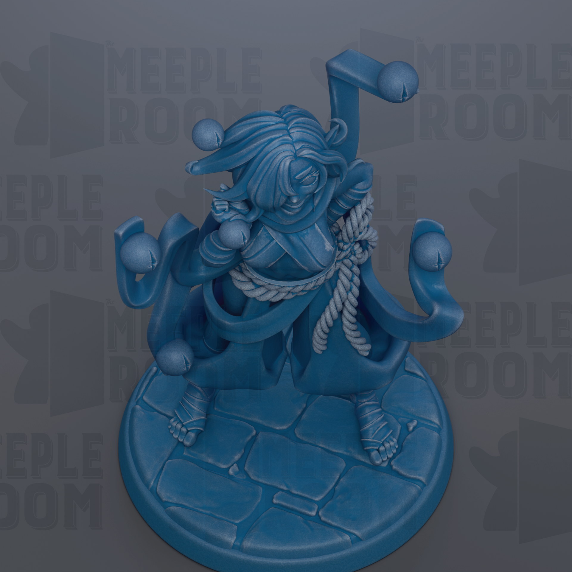 A blue figurine of a character with a large head and long hair, wearing a robe and holding a staff, standing on a stone base.