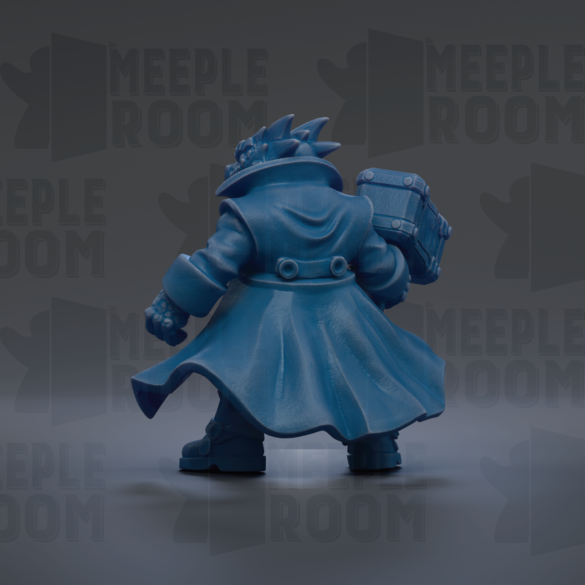 A blue figurine of a character with a long coat and a hat, holding a box, is shown against a dark background with repeated text.