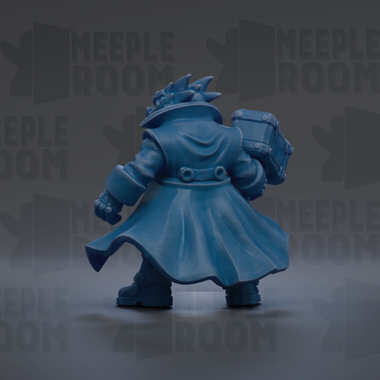 A blue figurine of a character with a long coat and a hat, holding a box, is shown against a dark background with repeated text.